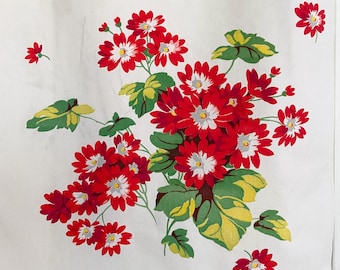 Wilendur tea towel Cineraria red and white flowers, cotton from 1950s, green and yellow leaves, vintage kitchen textiles