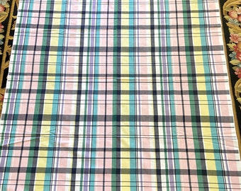 Simtex plaid tablecloth in Pavilion pattern, pink teal black lavender, stylish mid century Made Right in America, 50 by 52, American classic