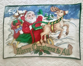 Tapiz navideño vintage de punto de aguja, tapiz de Papá Noel y reno, decoración navideña, 32 x 22