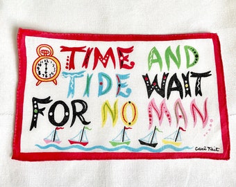 Carl Tait cocktail napkin Time And Tide Wait For No Man, Irish linen, vintage table linen, 1960s mid century whimsical novelty, collectible