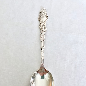 May include: A silver spoon with an ornate handle featuring a heart with the initials "FR" engraved on it. The handle is decorated with intricate floral and scrollwork designs.