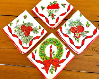 4 servilletas navideñas de algodón con estampados de diseño llamados "Lazos Navideños", mantelería vintage de los años 50.