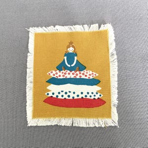 Princess and the Pea fairy tale cocktail napkin by Danish designer Jangaard, square with fringe, H C Andersen story, vintage table linens