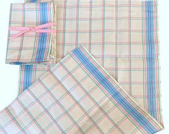 2 plaid linen kitchen towels in pink green, blue stripe border, vintage kitchen textiles, NOS never used new with tags Pure Linen