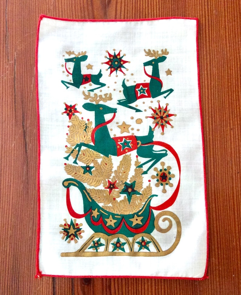 Red and Green Lewis Garland Unused Gold Metallic Print Mid Century Barware 4 Christmas Cocktail Napkins