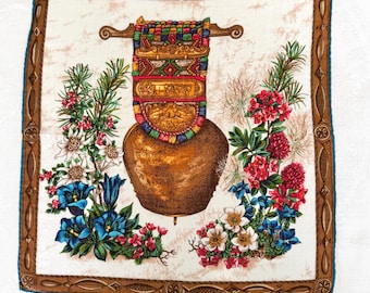 Vintage Handkerchief Alpine Swiss Cowbell Print, Edelweiss Blue Gentian Flowers, Swiss Folk Art