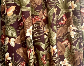 Pair Full Length Drapes, Tropical Print Butterflies Orchids, Blackout Lining and Brown Background, 89 Long