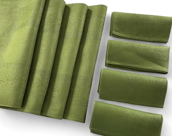 Avocado Green Linen Placemat Set of 4 Each, Damask Etamine Weave, Vintage Table Linens