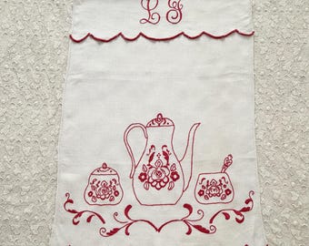 Textil de cocina plegable de lino natural, estilo turco europeo, con bordado rojo, decoración de pared, principios del siglo XX.