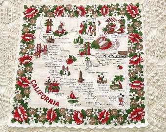 California map handkerchief, state souvenir in red and green, vintage mid century handkerchiefs, famous sites to visit