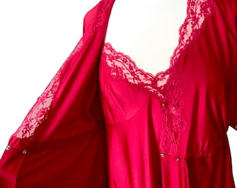 Conjunto de lencería Shadowline de nailon rojo, ribete de encaje asimétrico, talla mediana, 2 piezas.