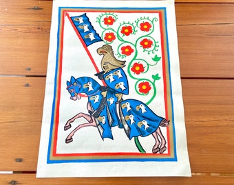 Poster su tela riproduzione medievale del Cavaliere Blu a cavallo degli anni '60, illuminazione del Codice Manesse del Medioevo tedesco, 24 x 17 pollici luminoso