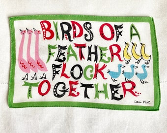 Carl Tait linen cocktail napkins Birds of a Feather Flock Together, mid century 1960s novelty table linens, whimsical collectible proverb