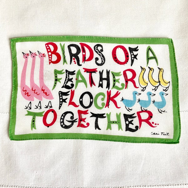 Carl Tait linen cocktail napkins Birds of a Feather Flock Together, mid century 1960s novelty table linens, whimsical collectible proverb
