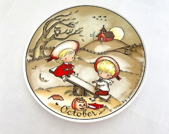 Joan Walsh Anglund plate, October 1966, fall scene with pumpkin owl, charming children on seesaw, vintage collectible plates, wall hanging