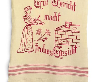 Tela de cocina antigua alemana plegable, bordado en punto de cruz rojo, algodón amarillo pálido, proverbio folclórico, cara feliz con la frase "Buena comida"
