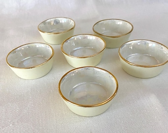 6 small porcelain Bavarian open salt cellars with pearlescent finish, by Hutschenreuter, gold rimmed, vintage 1920s 1930s