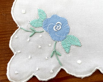 Madeira Linen Organdy Placemat Set, 32 Pieces Hand Embroidered, Blue Floral Appliqué