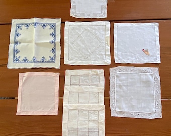9 assorted cocktail napkins square shapes, mid century vintage table linens, orphans mismatched group, collectible barware