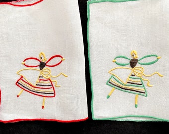 6 Marghab Dancer cocktail napkins in green and red, mid century vintage table linens, hand embroidered in Madeira, collectible textiles