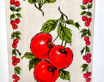 Cherries Linen Tea Towel by Parisian Prints, 1950s Red and White Kitchen Decor
