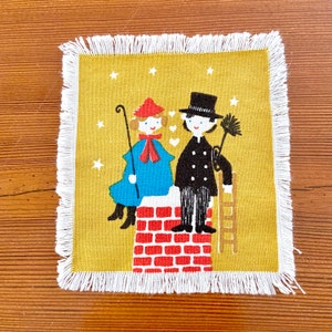 Shepherdess Chimney Sweep fairy tale cocktail napkin, Danish designer Jangaard, square, Hans Christian Andersen story, vintage table linens