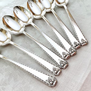 7 Bordeaux place spoons in Prestige by Oneida, silverplate 1945 retired, vintage flatware silver plate, glossy finish, fruit motif on ends