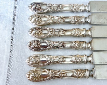 6 Vintage Art Nouveau Grape Knives, 1881 Rogers Silver Plate
