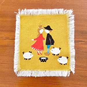 The Swineherd fairy tale cocktail napkin, Danish designer Jangaard, square, Hans Christian Andersen story, mid century vintage table linens