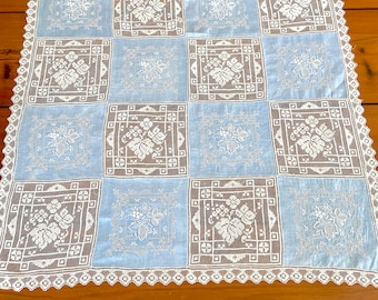 Blue Army Navy tablecloth hand embroidered with alternating squares white filet lace, vintage table linens 34 by 34, traditional home decor