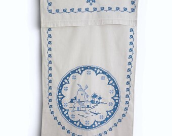 Toalla de cocina holandesa, bordado de punto de cruz azul, molinos de viento panorámicos, decoración europea vintage