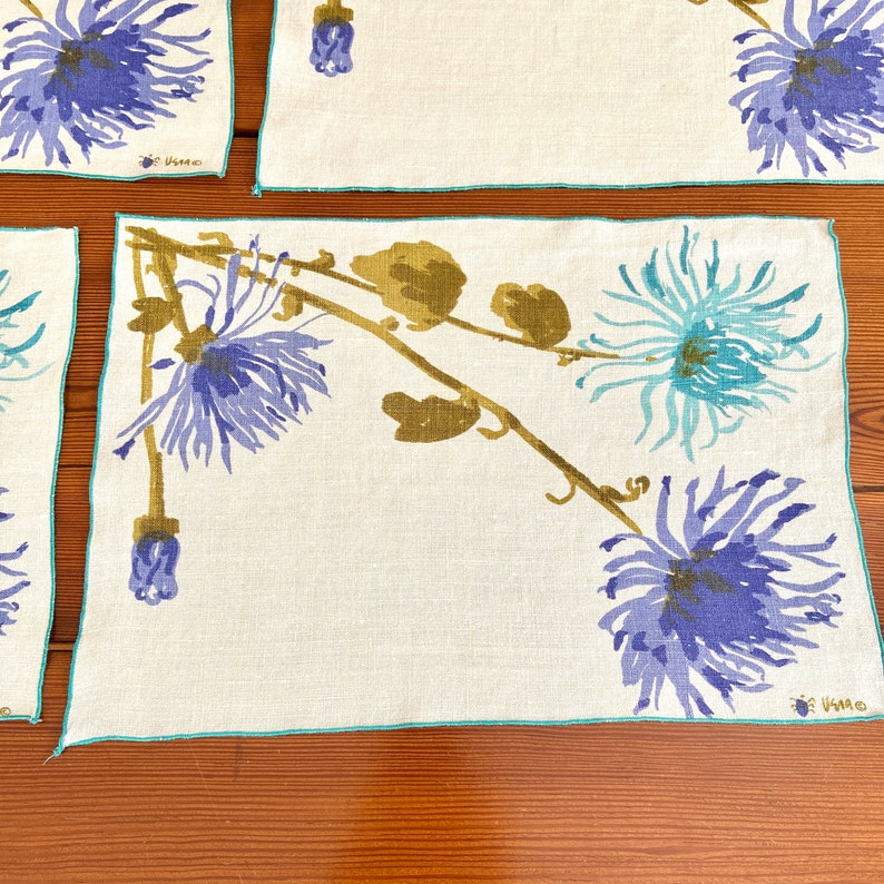 Vera Neumann placemat set for 4, spider mums flowers, purple turquoise olive green, Belgian linen print, vintage table textiles image 5