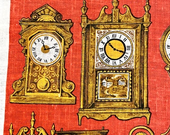 Clocks linen tea towel by Robert Martin for Kay Dee, brick red orange, pendulum timepieces, wall mantel, hourglass, vintage textiles