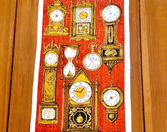 Clocks Theme Linen Tea Towel, Robert Martin Design, Assorted Timepieces, 1980s Kitchen Decor