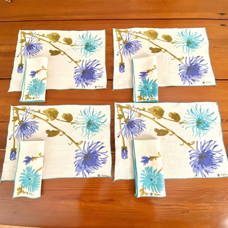 Vera Neumann placemat set for 4, spider mums flowers, purple turquoise olive green, Belgian linen print, vintage table textiles image 2