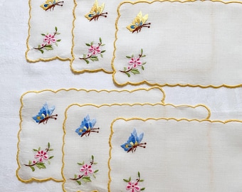6 Linen Cocktail Napkins, Hand Embroidered Butterflies, Scalloped Edges, 5 by 8, Collectible Vintage Table Linens