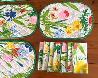 Juego de manteles individuales acolchados con flores de primavera, 7 servilletas de algodón pulido, mantelería vintage