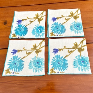 Vera Neumann placemat set for 4, spider mums flowers, purple turquoise olive green, Belgian linen print, vintage table textiles image 9