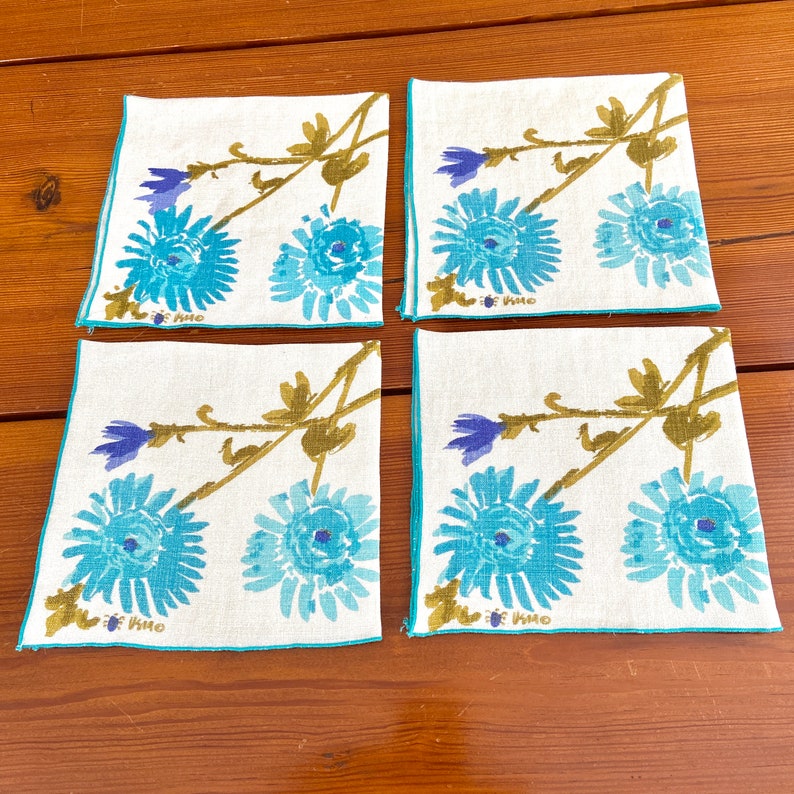 Vera Neumann placemat set for 4, spider mums flowers, purple turquoise olive green, Belgian linen print, vintage table textiles image 9