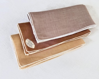 3 Irish Linen Handkerchiefs Neutral Colors, Hand Rolled White Edges, 1970s Pocket Squares