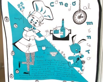1960s Anthropomorphic Rabbit Recipe Kitchen Towel, Spanish Conejo al Minuto Graphics, New with Boada Tag
