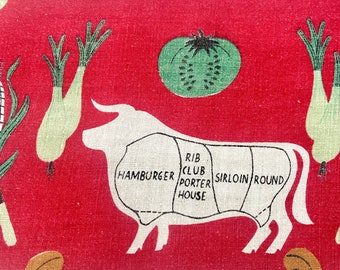 Leacock linen tablecloth Barbecue Round Up signed Ivan Bartlett, 50 by 87, long and narrow, 1950s graphics red border, beef pork pigs meat