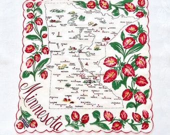 Minnesota handkerchief new with Franshaw tag, cotton state map, 1960s vintage travel souvenir, red lady slippers, North Star State, Novelty