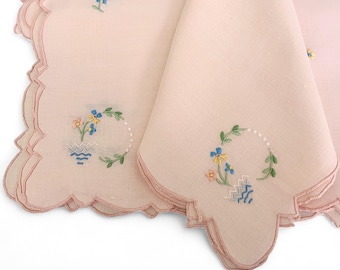 Peach Linen Placemat Set, 17 Pieces, Scalloped Edges, Madeira Embroidered Mid Century Vintage 1950s
