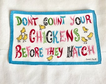 Carl Tait cocktail napkin Don't Count Your Chickens, vintage Irish linen by Leacock, 1960s table linens, whimsical novelty entertaining