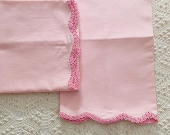 2 Pink Irish Linen Pillowcases, Hot Pink Crochet Edge, Standard Size, 1960s