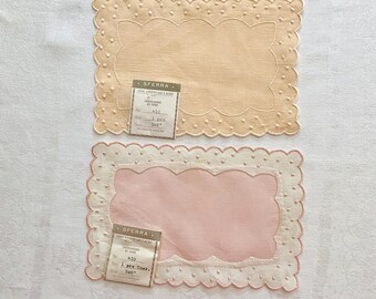 2 Sferra linen cocktail napkins new with tags, one pink one peach, scalloped edges polka dots