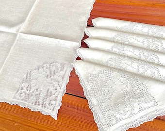 6 Irish Linen Napkins, Cherub in Mosaic Hand Embroidery, 22 Inches, Vintage Table Linen