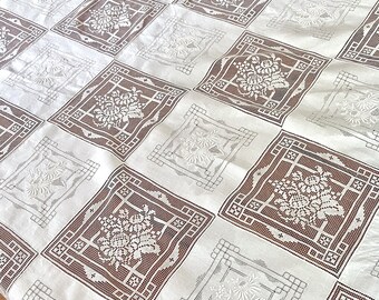 Large Army Navy tablecloth white linen embroidery and cotton filet lace squares, 1960s vintage table linens, 68 x 124 seats 10-12 people