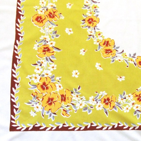 Mid Century Tablecloth Pansies on Lime Green